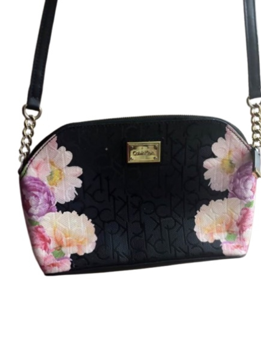 Calvin Klein Black Floral Logo Crossbody with Gold Hardware